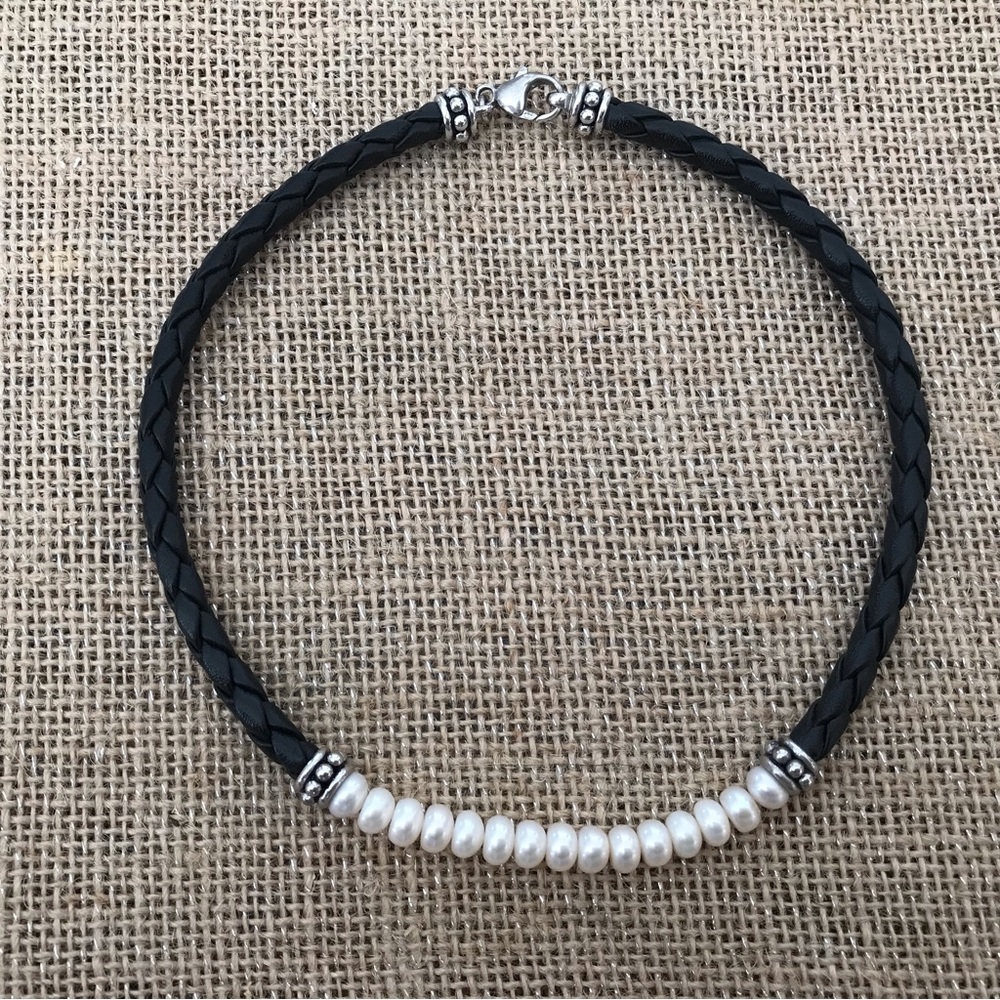- Honora 925 Sterling Silver Pearl & Braided Leather Choker Necklace 16 in…